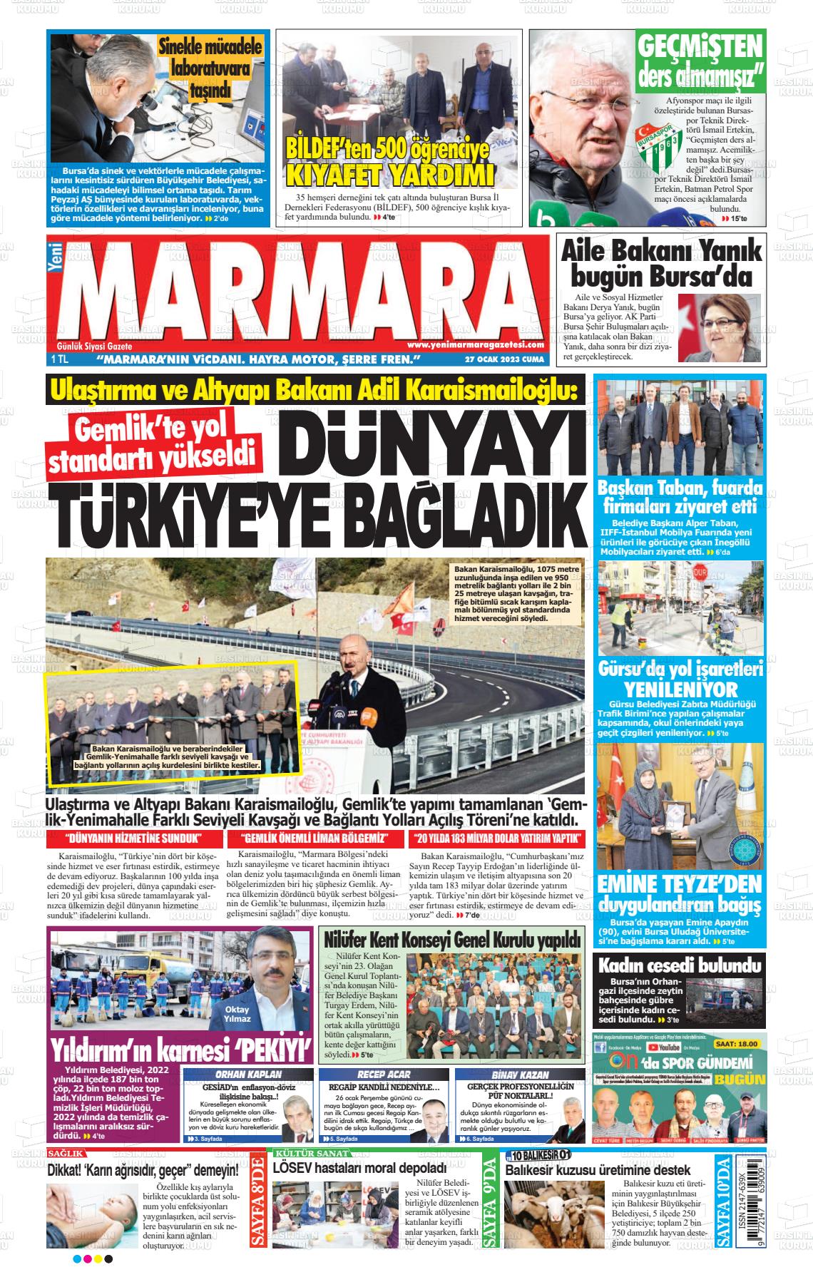 27 Ocak 2023 Yeni Marmara Gazete Manşeti