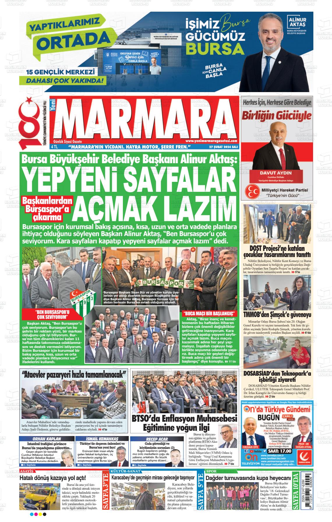 27 Şubat 2024 Yeni Marmara Gazete Manşeti