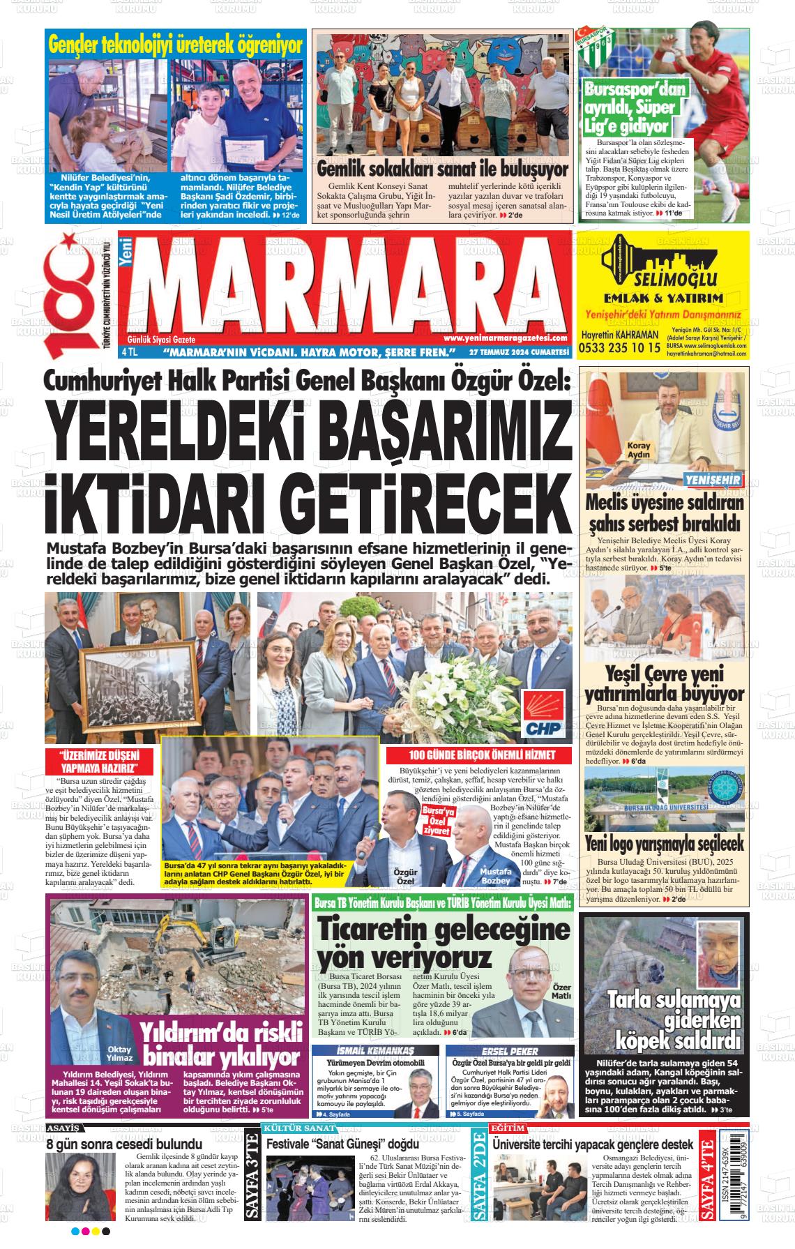 27 Temmuz 2024 Yeni Marmara Gazete Manşeti