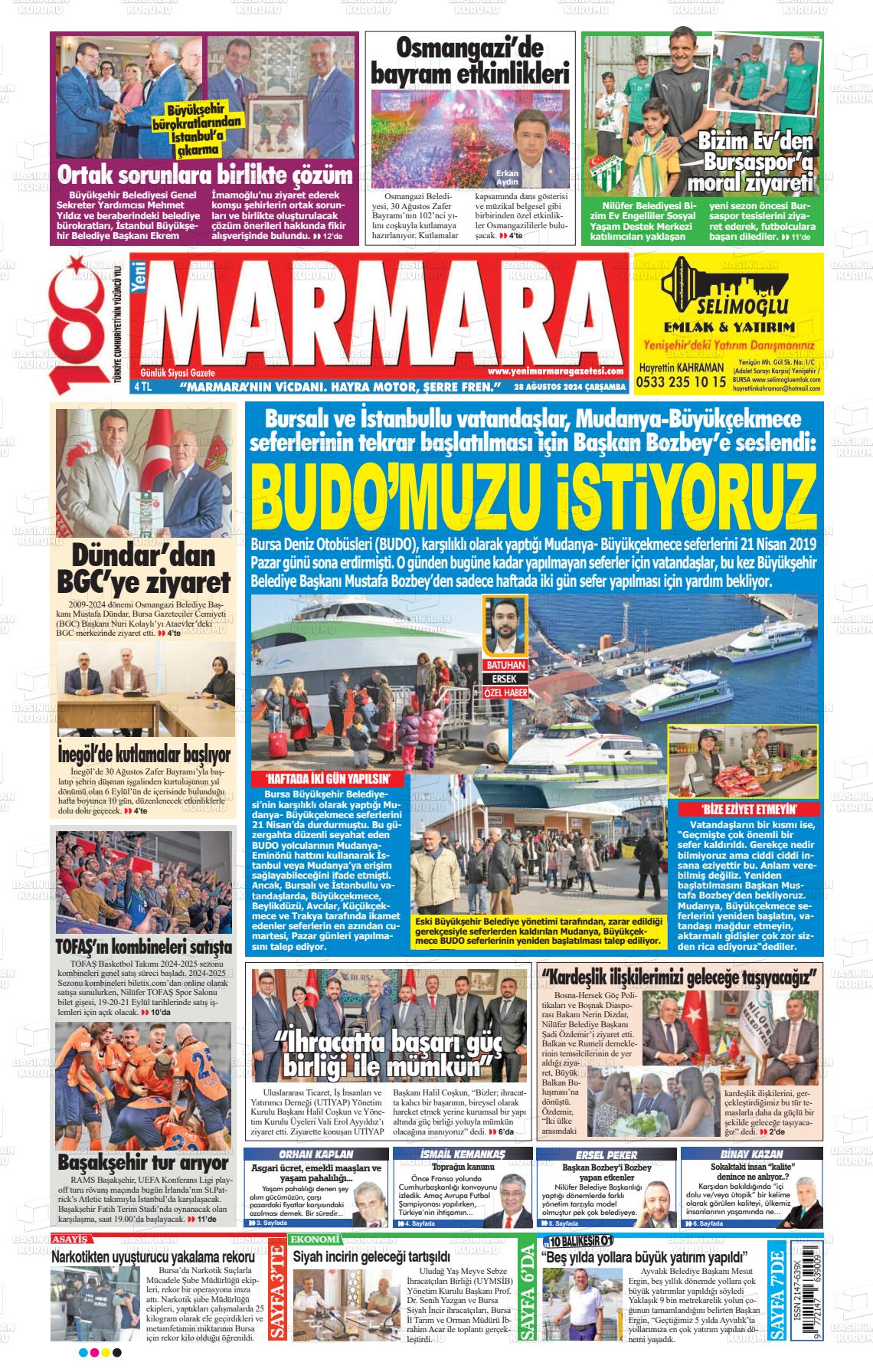 28 Ağustos 2024 Yeni Marmara Gazete Manşeti