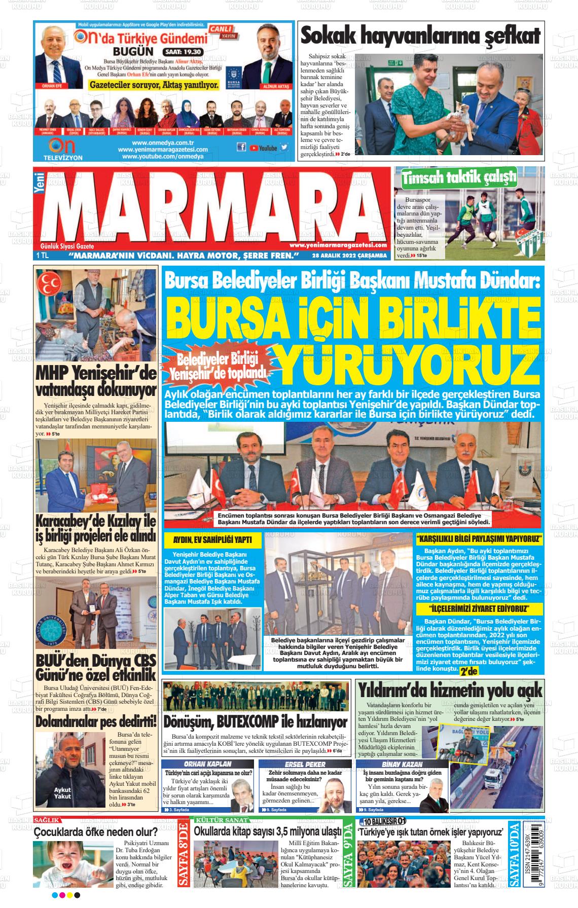 28 Aralık 2022 Yeni Marmara Gazete Manşeti