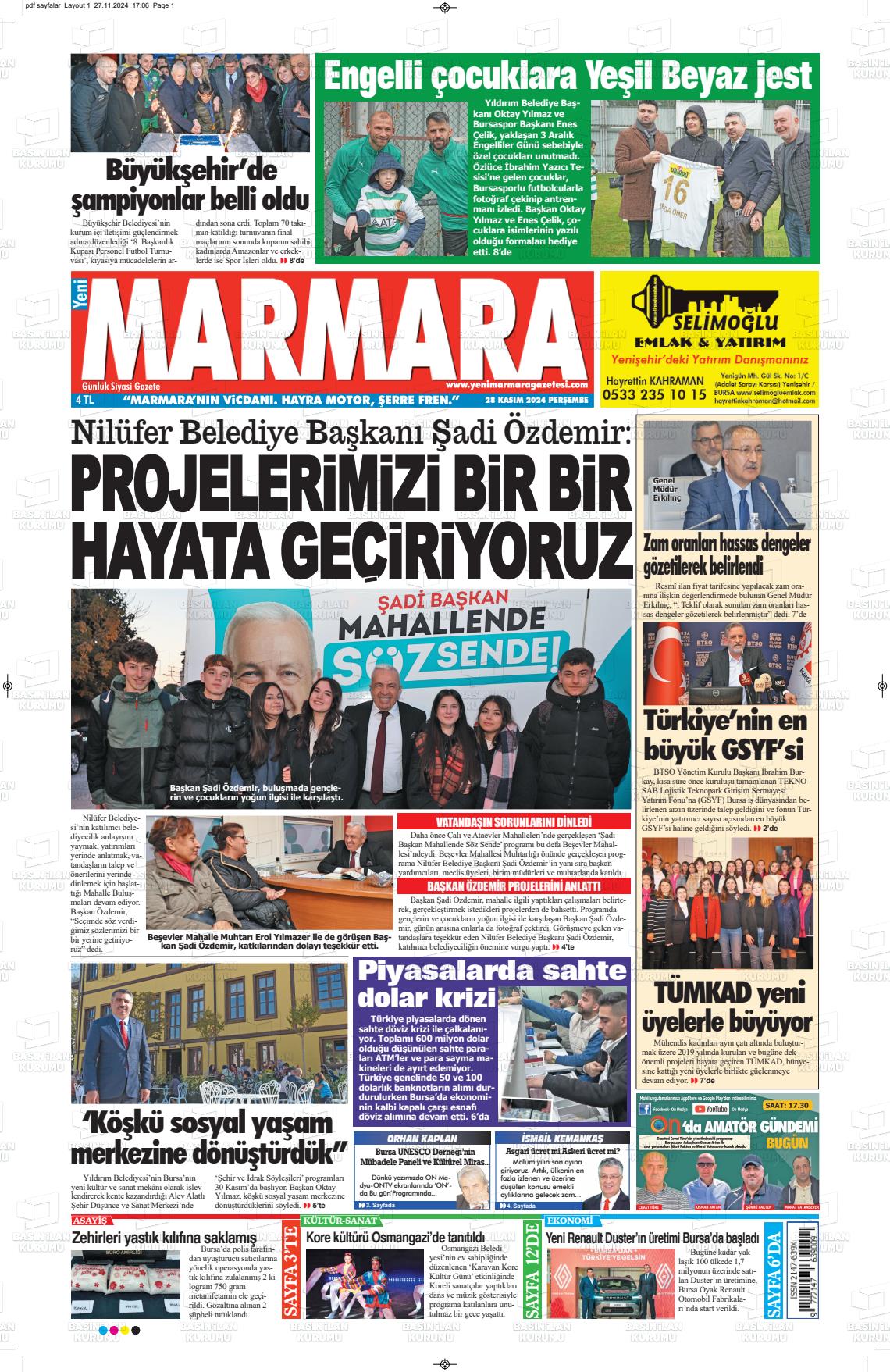 03 Aralık 2024 Yeni Marmara Gazete Manşeti