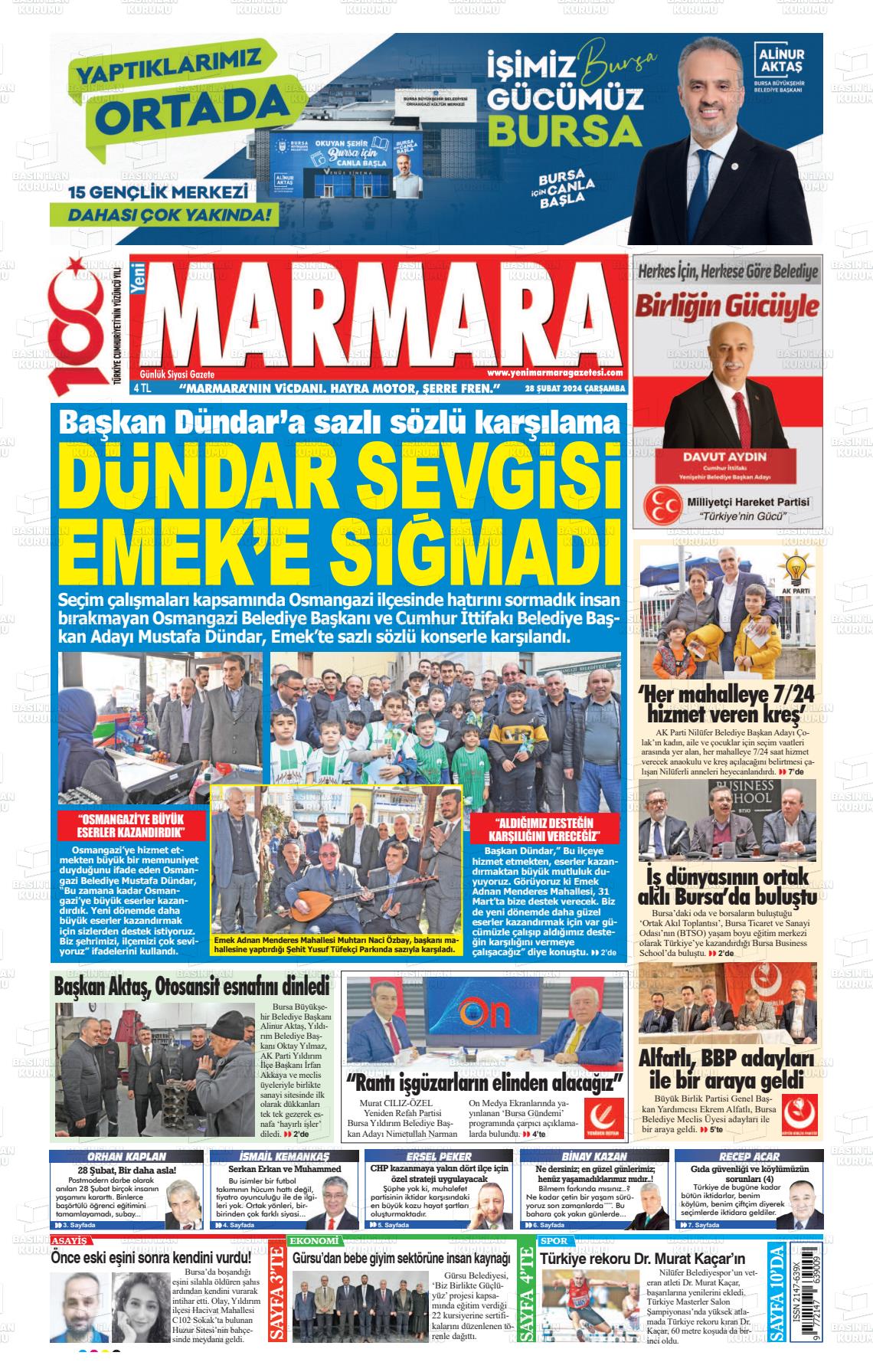 28 Şubat 2024 Yeni Marmara Gazete Manşeti