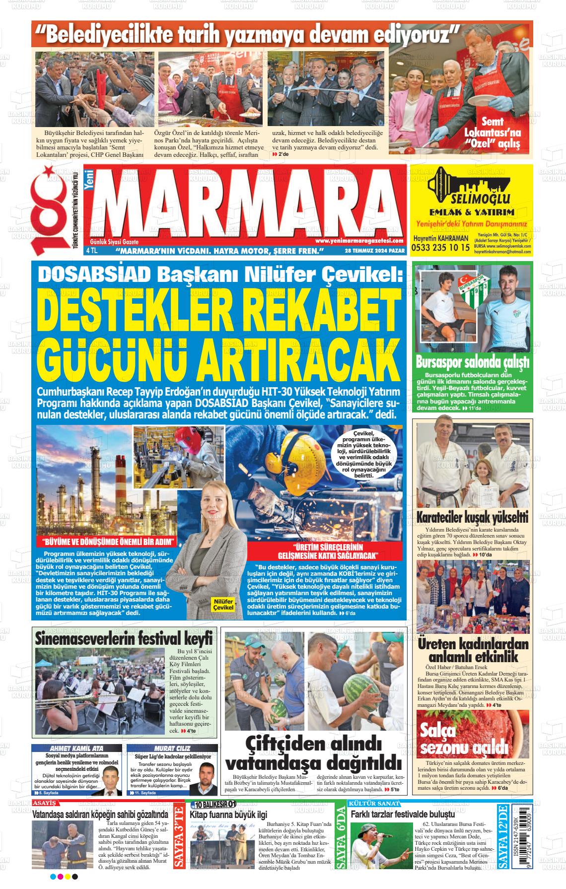 28 Temmuz 2024 Yeni Marmara Gazete Manşeti