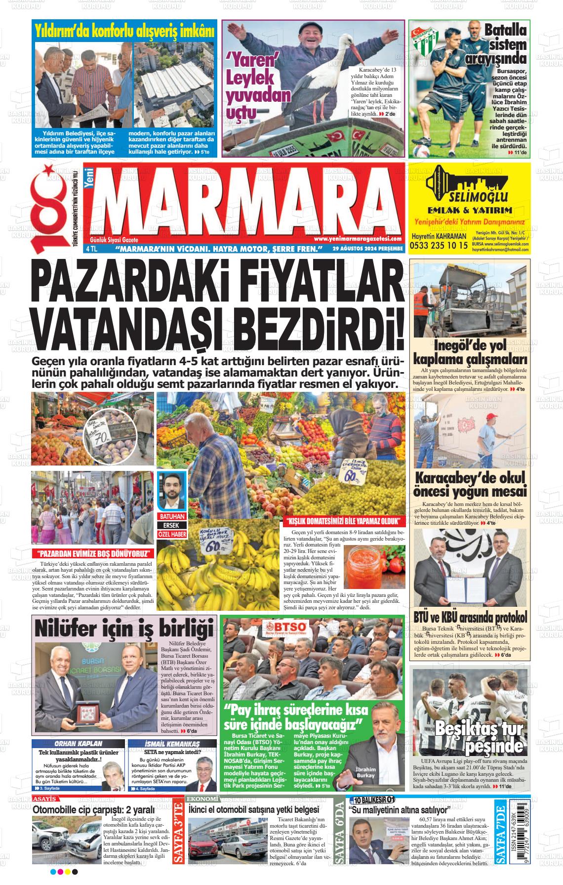 29 Ağustos 2024 Yeni Marmara Gazete Manşeti