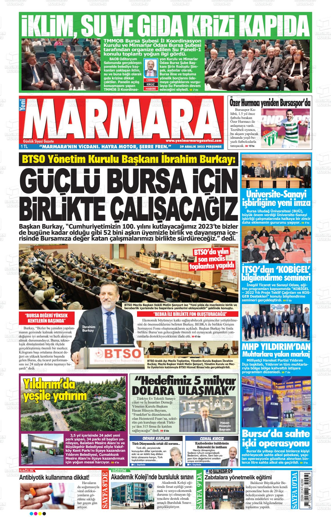 29 Aralık 2022 Yeni Marmara Gazete Manşeti