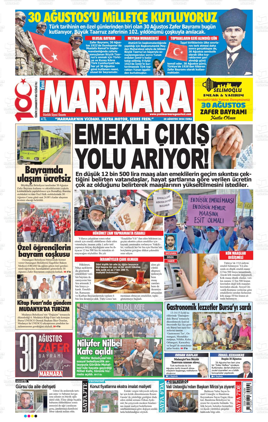 30 Ağustos 2024 Yeni Marmara Gazete Manşeti