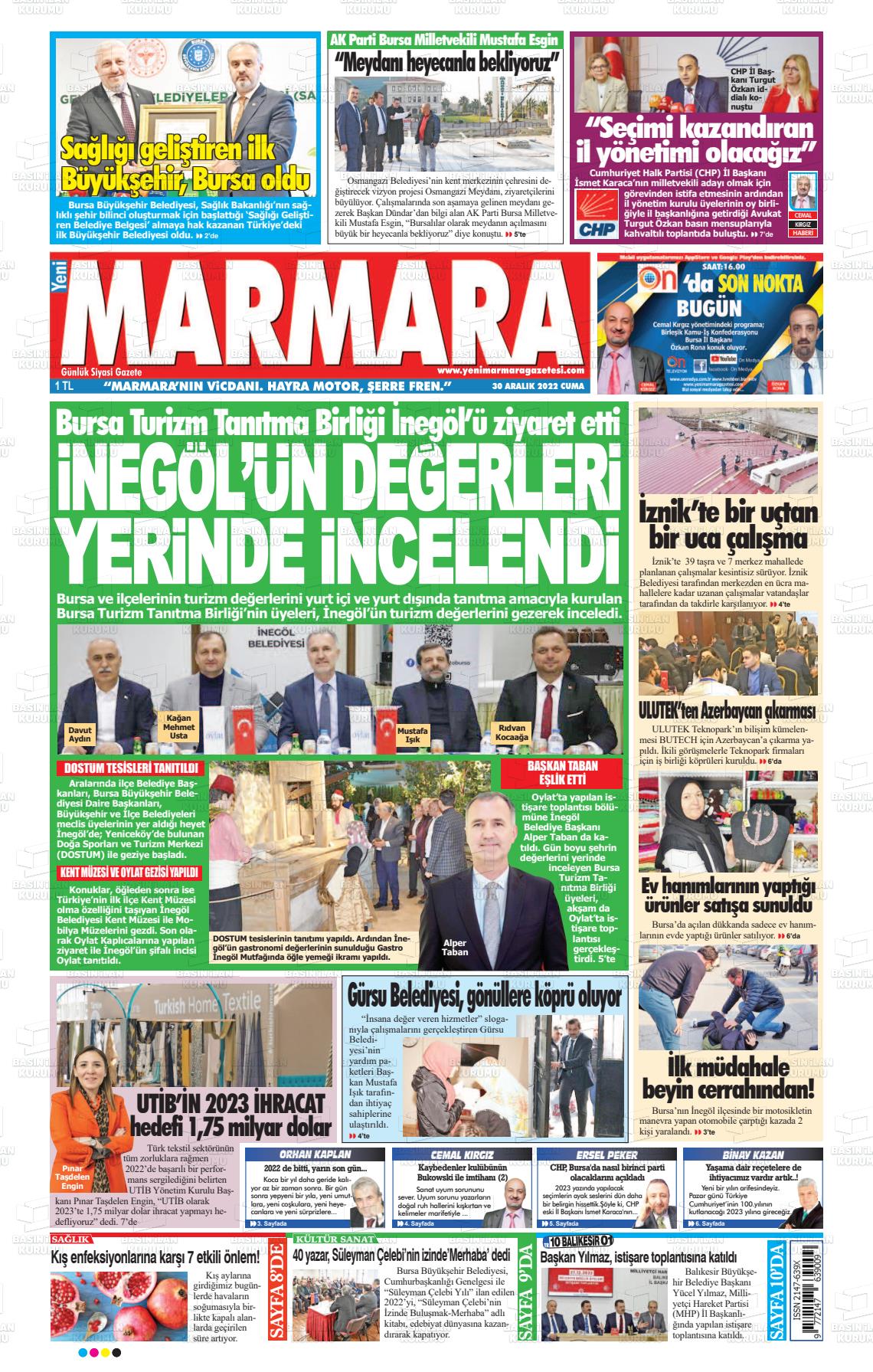 30 Aralık 2022 Yeni Marmara Gazete Manşeti