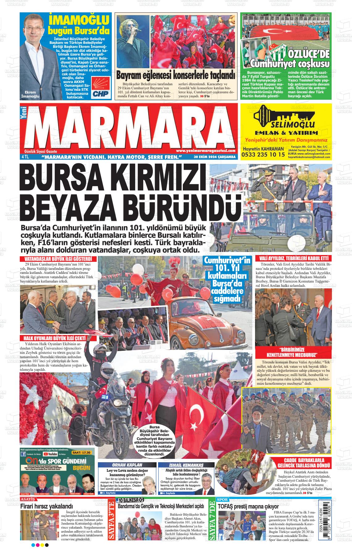 30 Ekim 2024 Yeni Marmara Gazete Manşeti