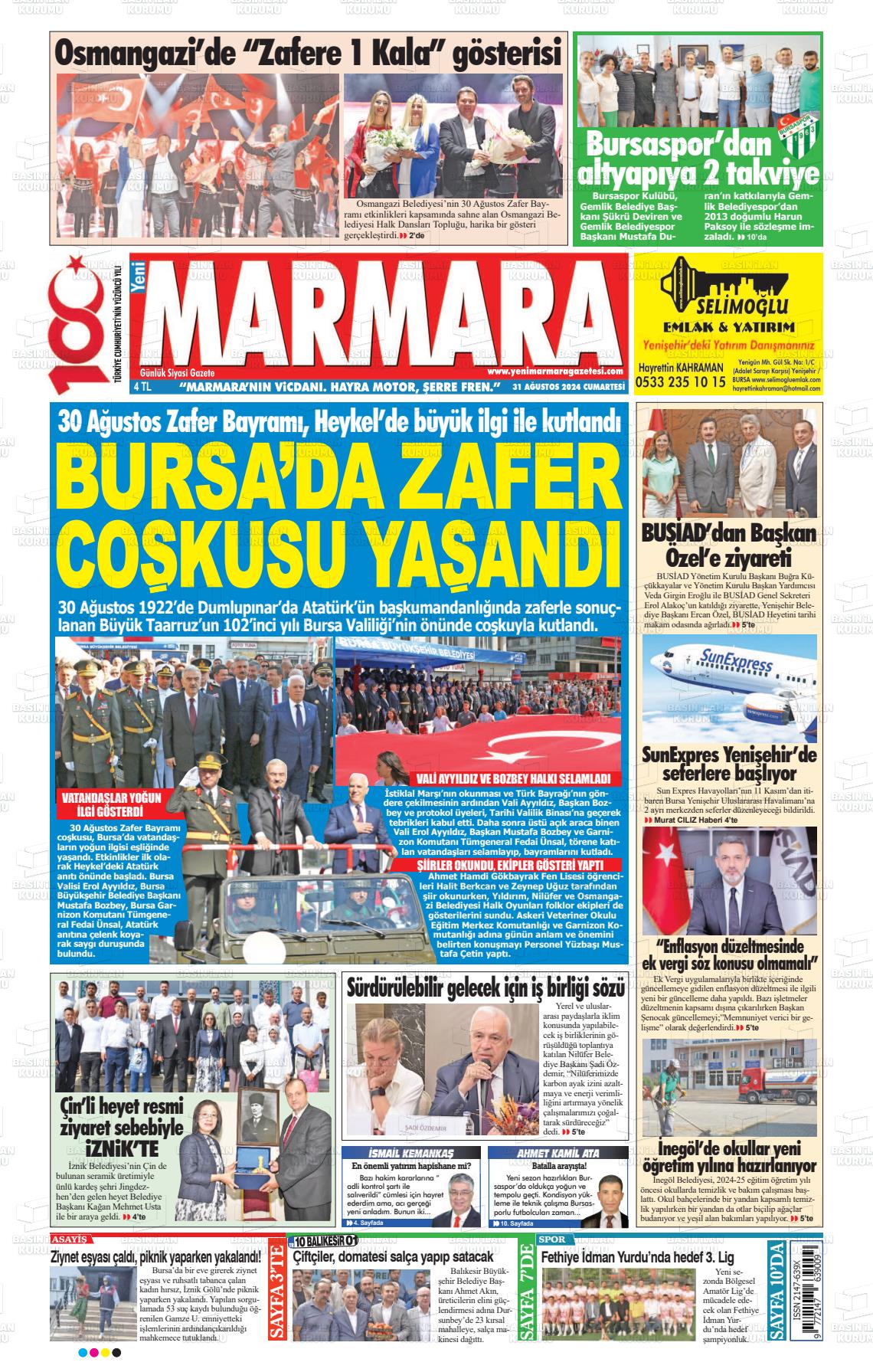 31 Ağustos 2024 Yeni Marmara Gazete Manşeti