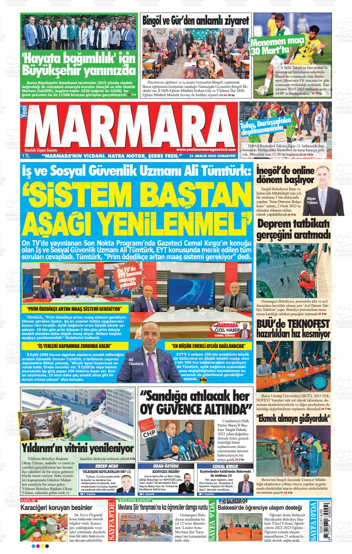 31 Aralık 2022 Yeni Marmara Gazete Manşeti