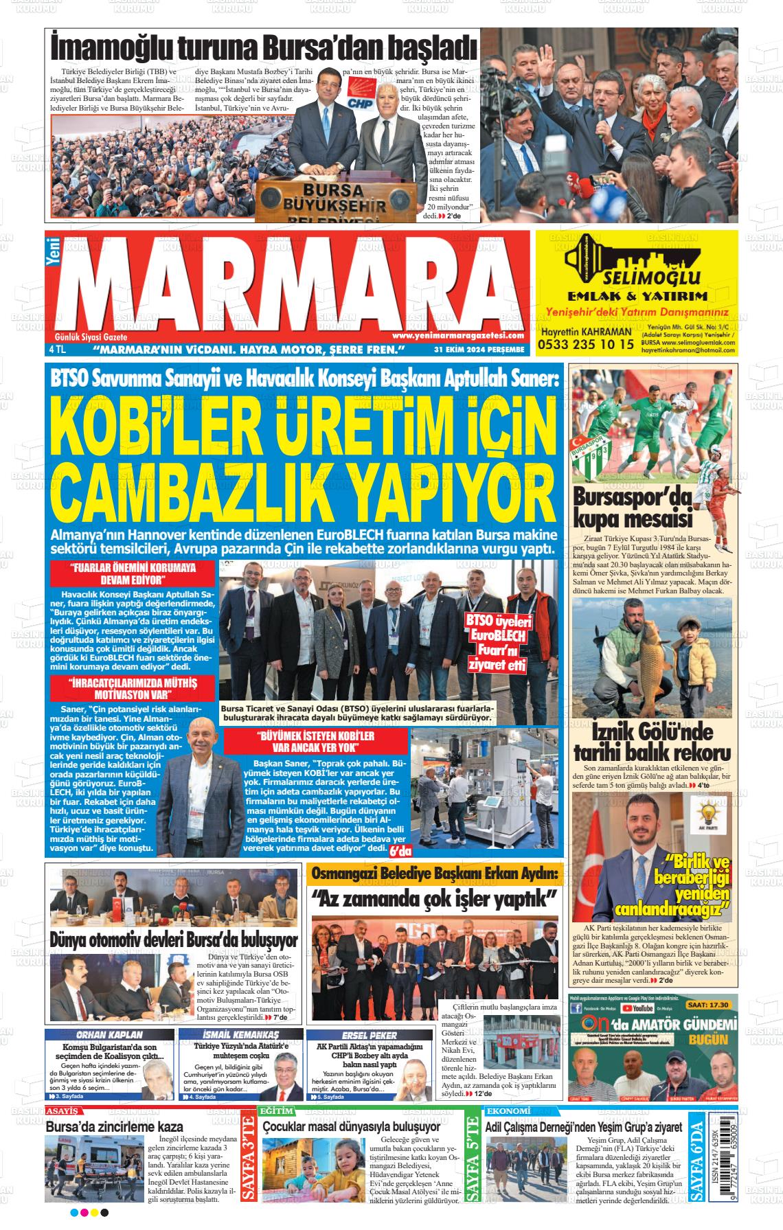 31 Ekim 2024 Yeni Marmara Gazete Manşeti