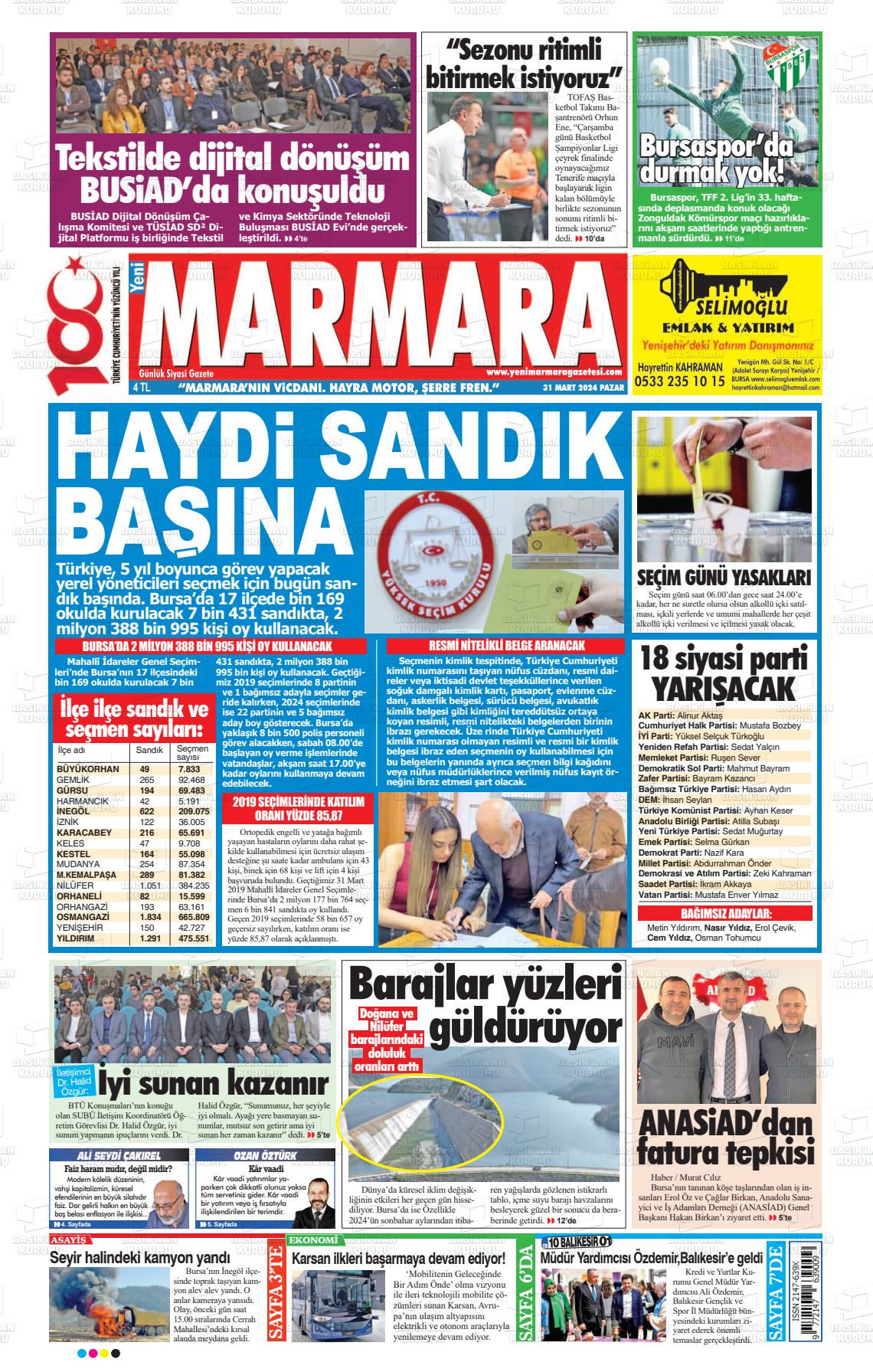 31 Mart 2024 Yeni Marmara Gazete Manşeti