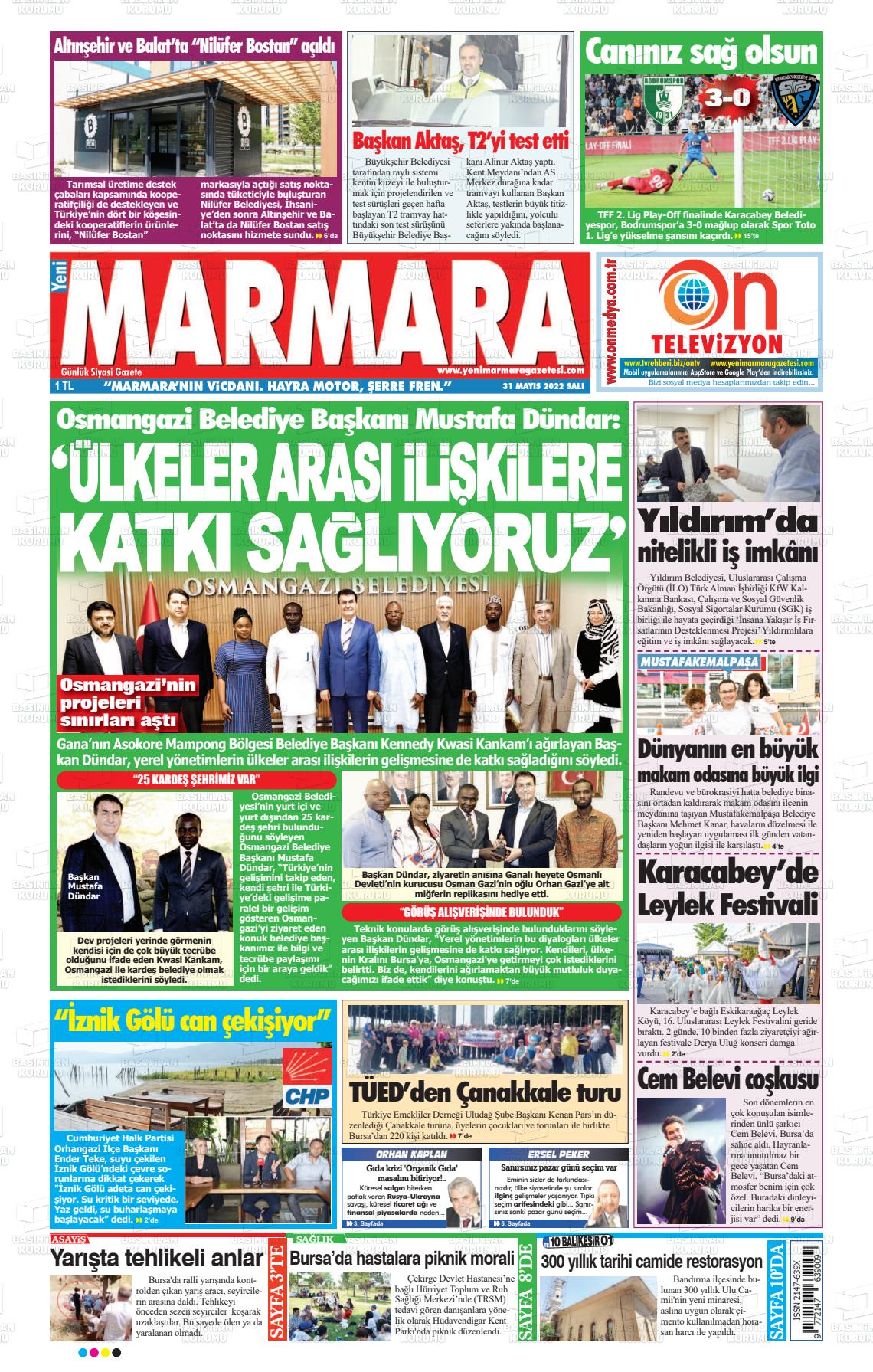 31 Mayıs 2022 Yeni Marmara Gazete Manşeti