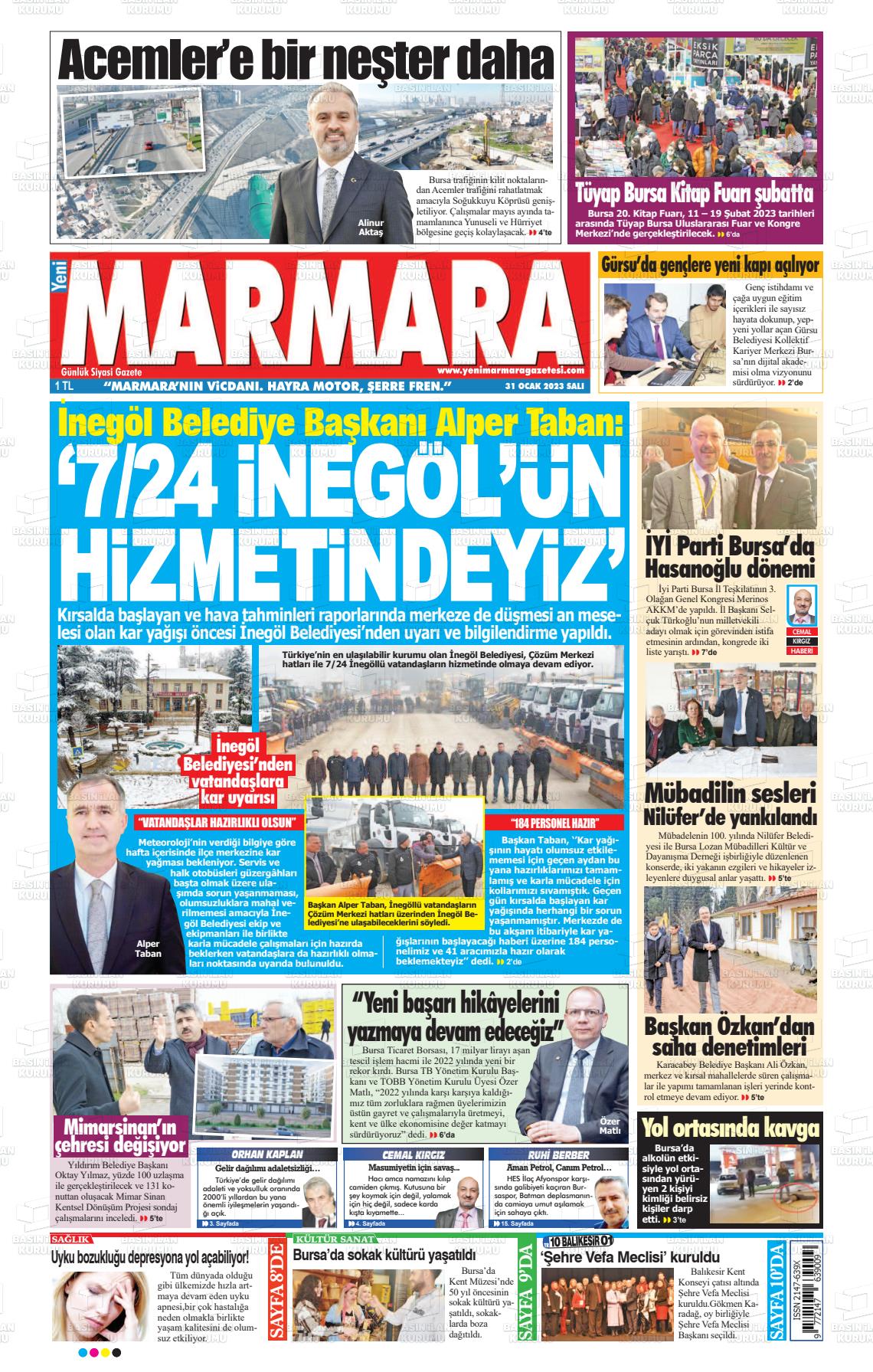 31 Ocak 2023 Yeni Marmara Gazete Manşeti