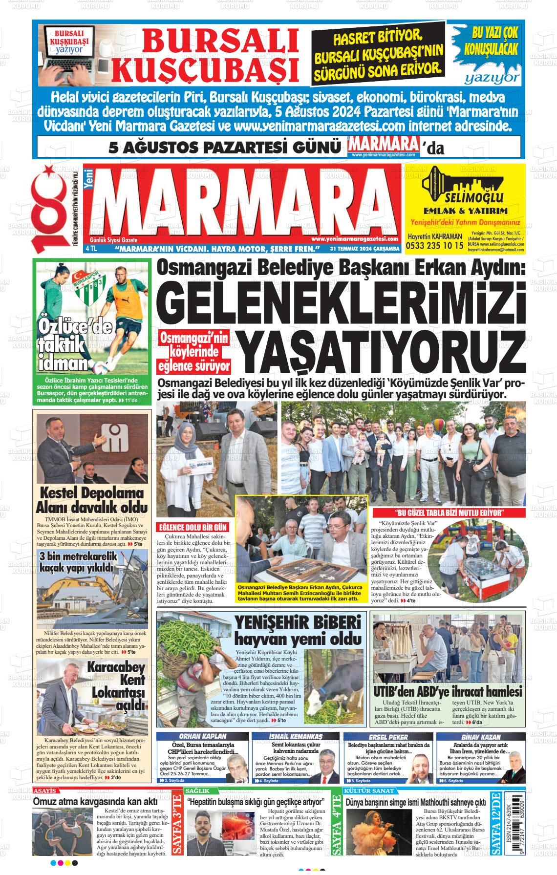 31 Temmuz 2024 Yeni Marmara Gazete Manşeti