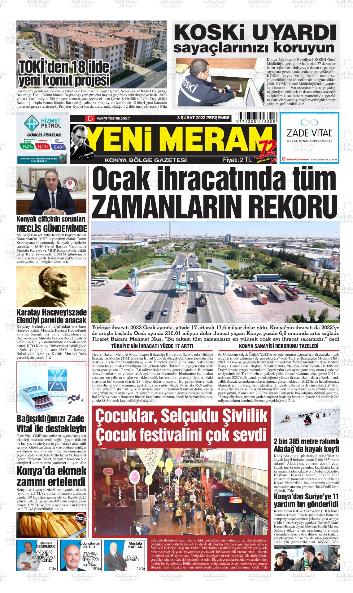 03 Şubat 2022 Yeni Meram Gazete Manşeti