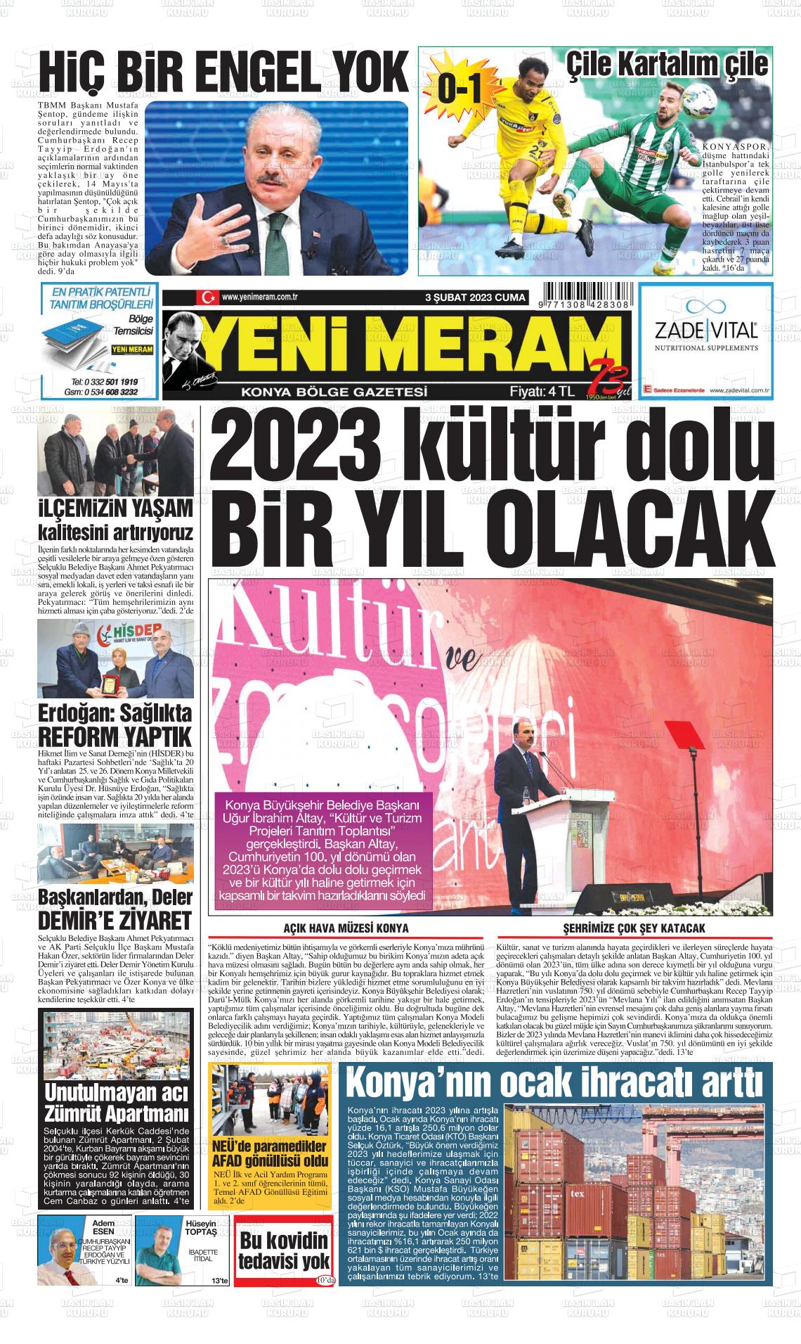 03 Şubat 2023 Yeni Meram Gazete Manşeti