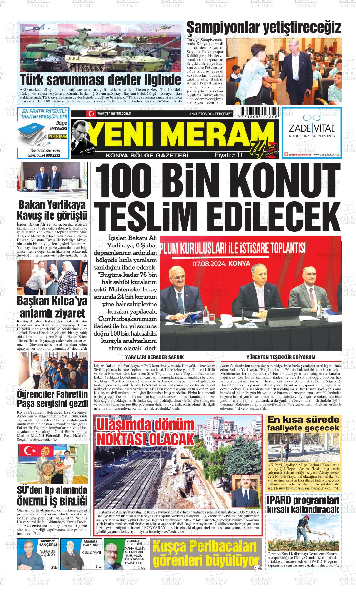 08 Ağustos 2024 Yeni Meram Gazete Manşeti