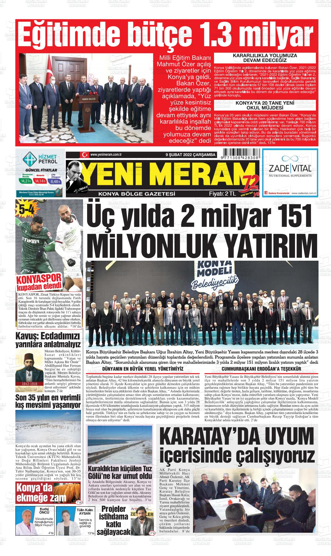 09 Şubat 2022 Yeni Meram Gazete Manşeti