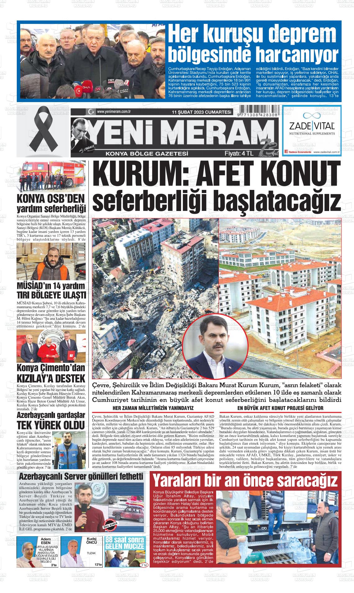 11 Şubat 2023 Yeni Meram Gazete Manşeti