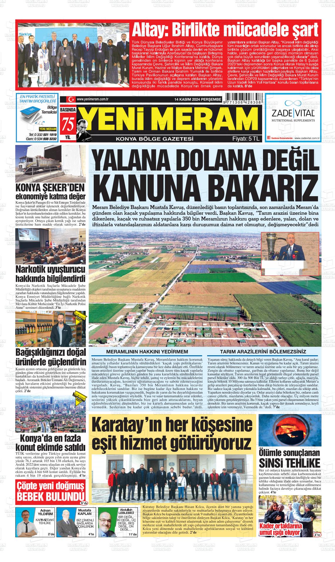 14 Kasım 2024 Yeni Meram Gazete Manşeti