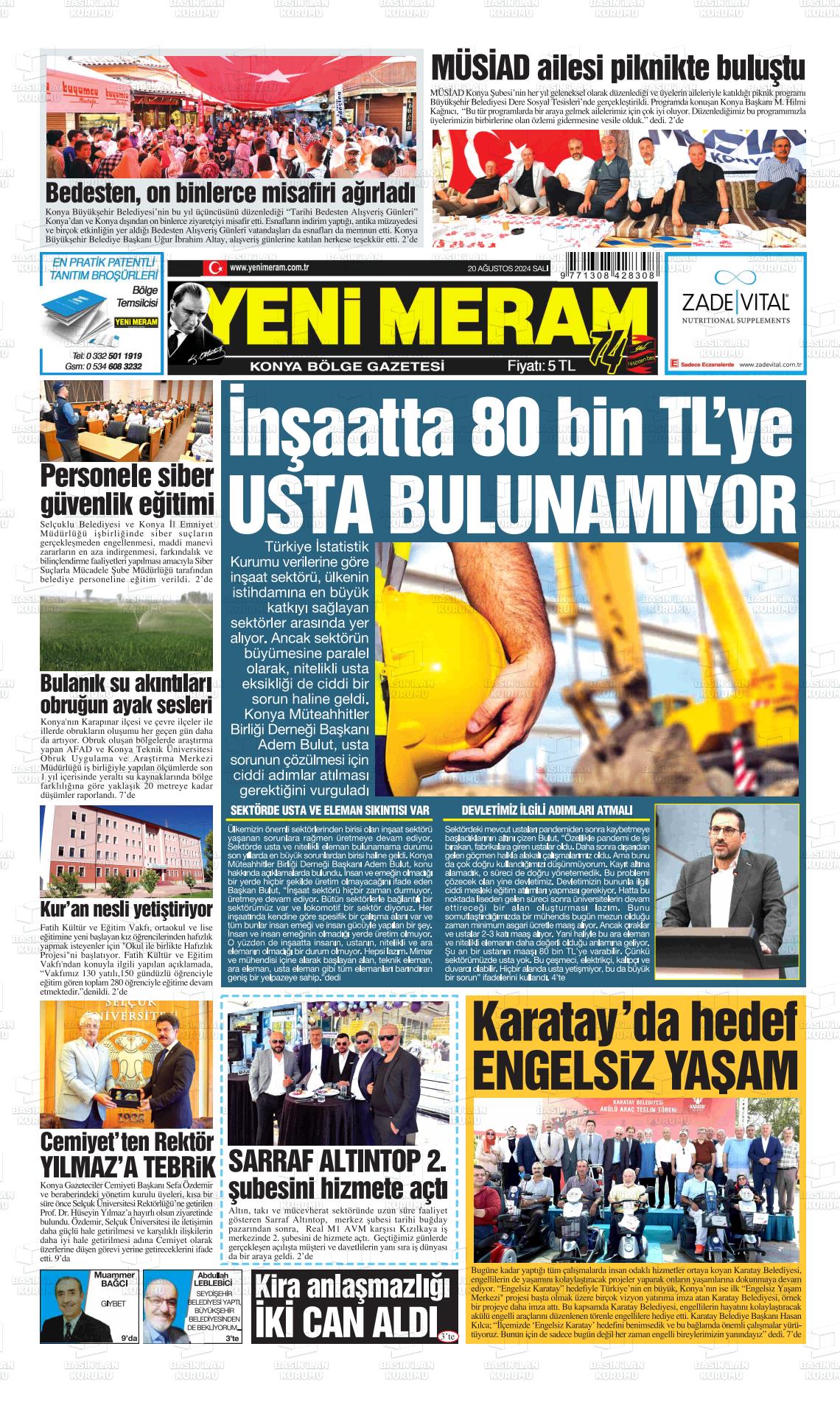 20 Ağustos 2024 Yeni Meram Gazete Manşeti