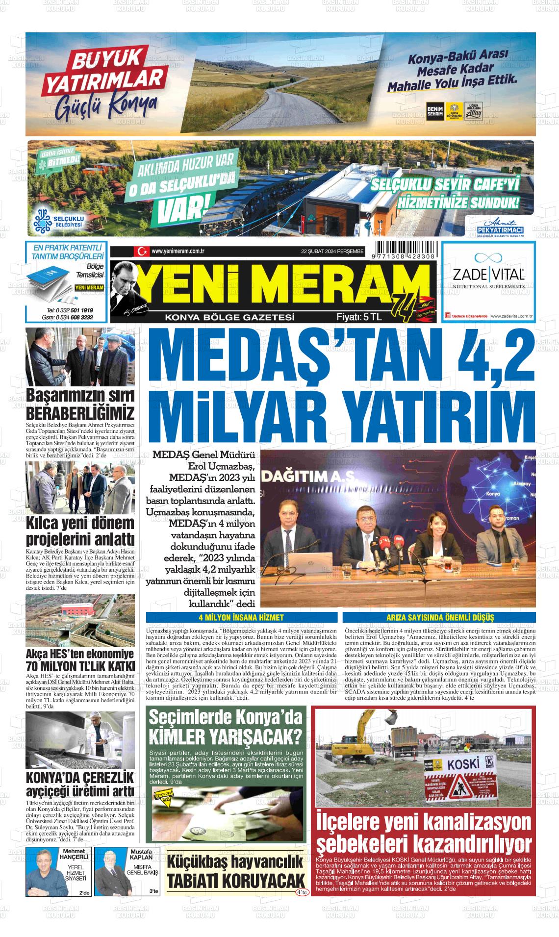 22 Şubat 2024 Yeni Meram Gazete Manşeti