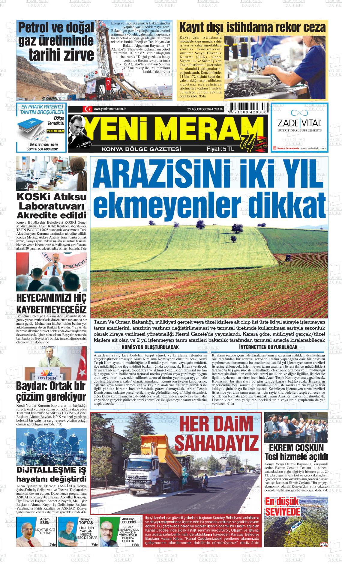 23 Ağustos 2024 Yeni Meram Gazete Manşeti