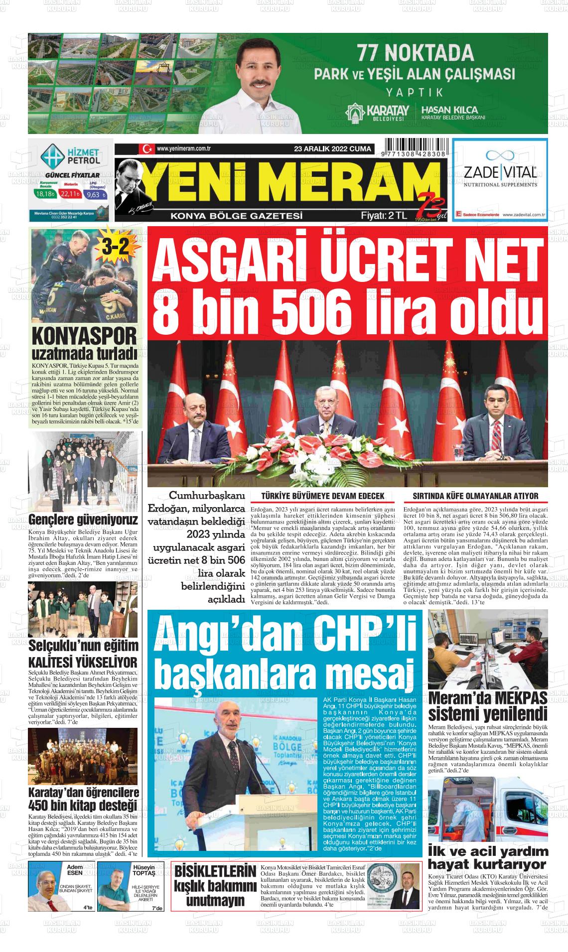 23 Aralık 2022 Yeni Meram Gazete Manşeti