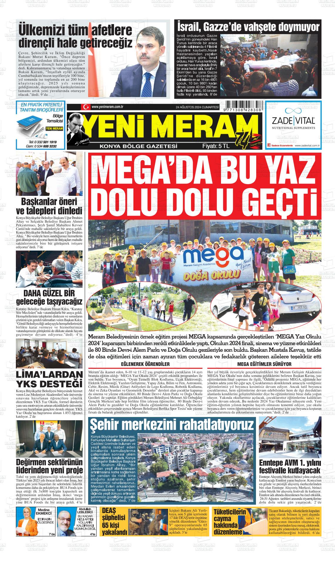 24 Ağustos 2024 Yeni Meram Gazete Manşeti