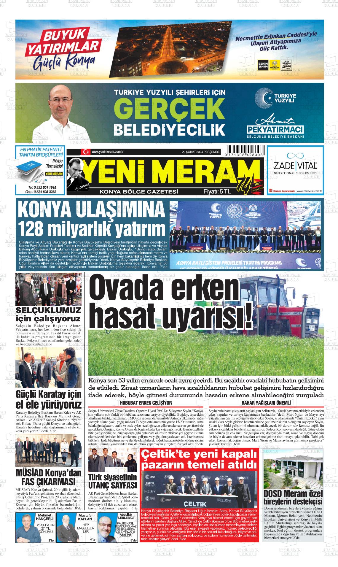 29 Şubat 2024 Yeni Meram Gazete Manşeti