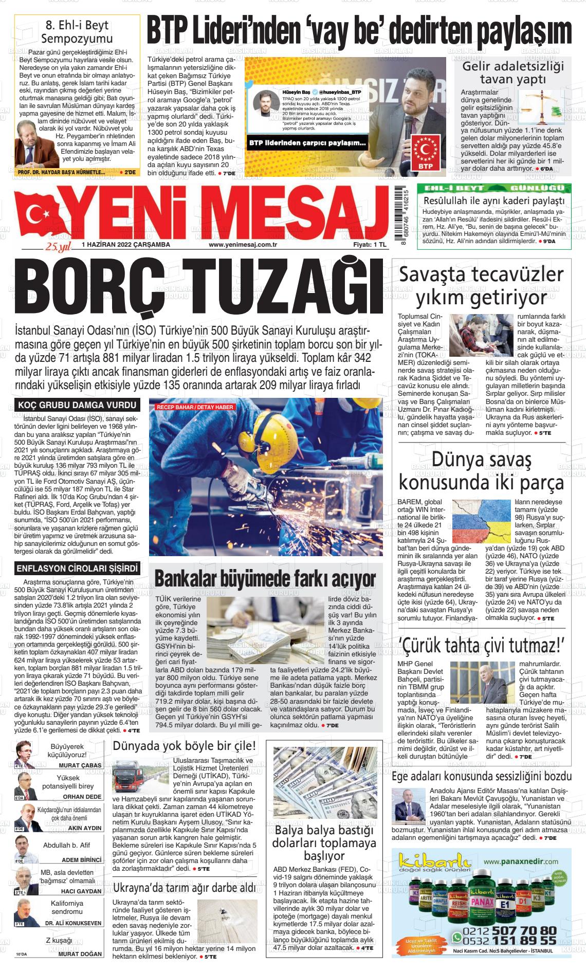 01 Haziran 2022 Yeni Mesaj Gazete Manşeti