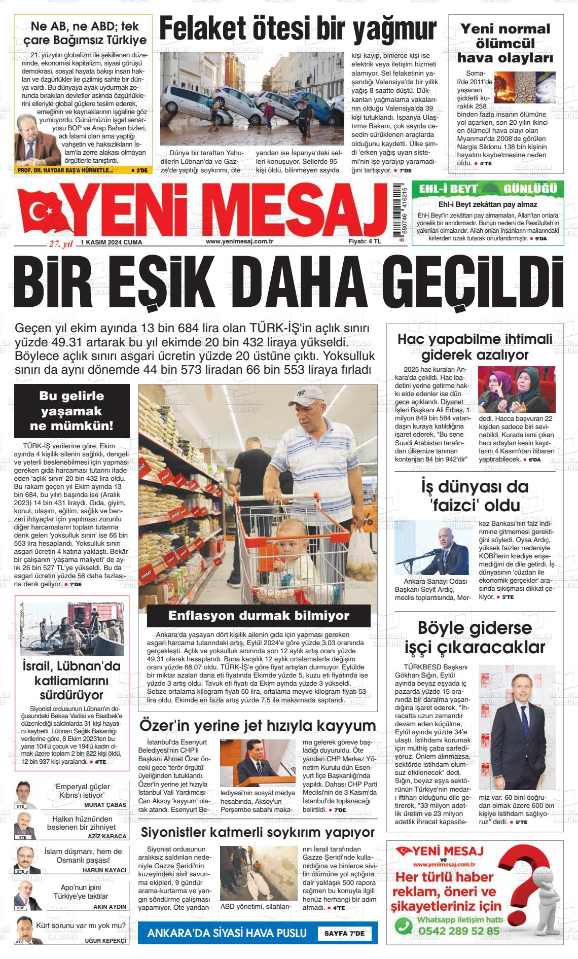 01 Kasım 2024 Yeni Mesaj Gazete Manşeti