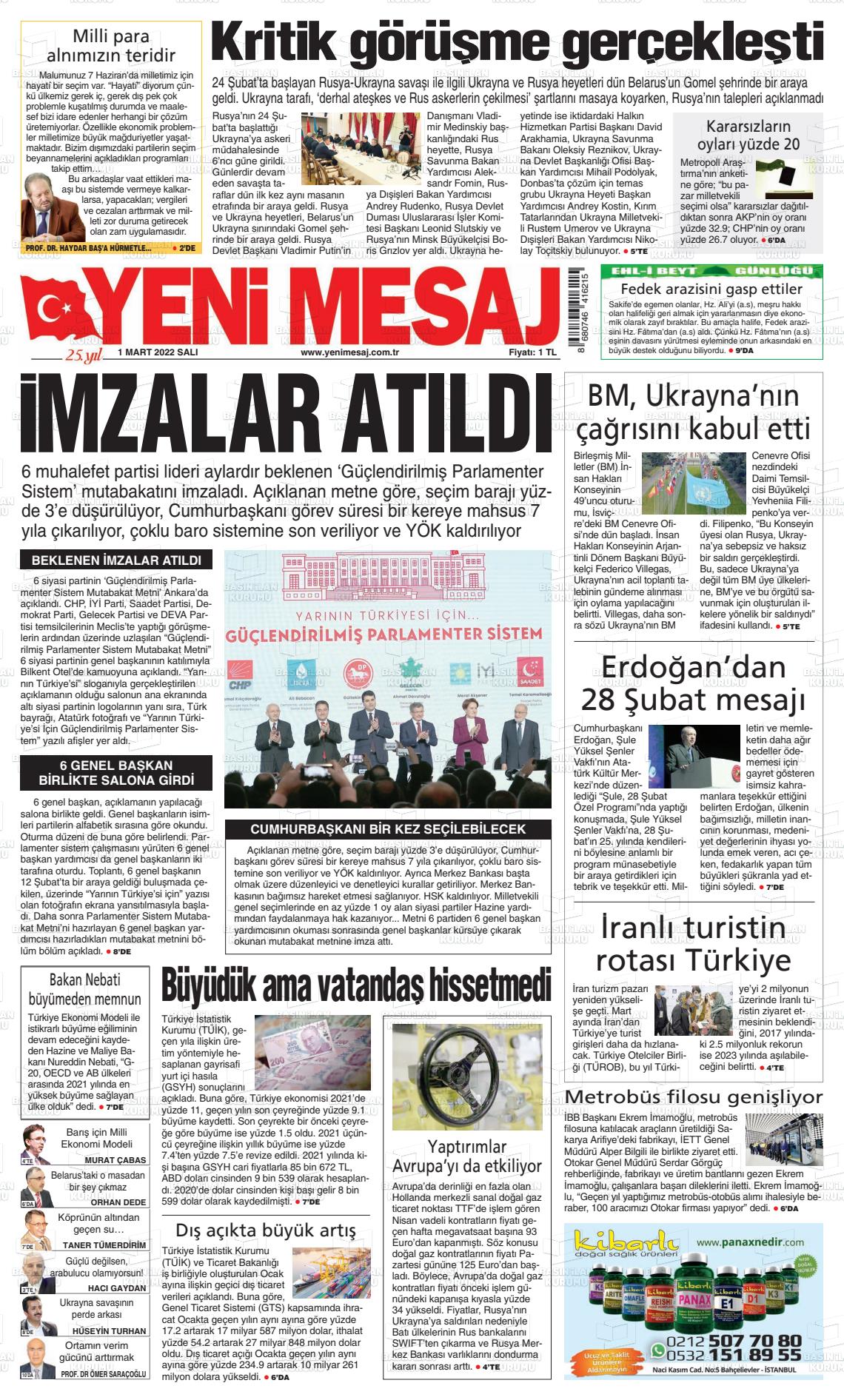 01 Mart 2022 Yeni Mesaj Gazete Manşeti