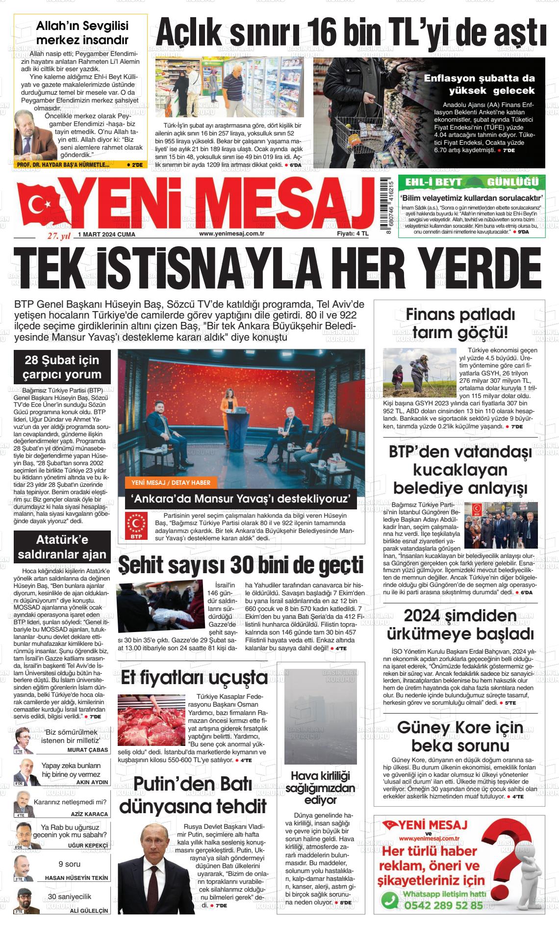 01 Mart 2024 Yeni Mesaj Gazete Manşeti