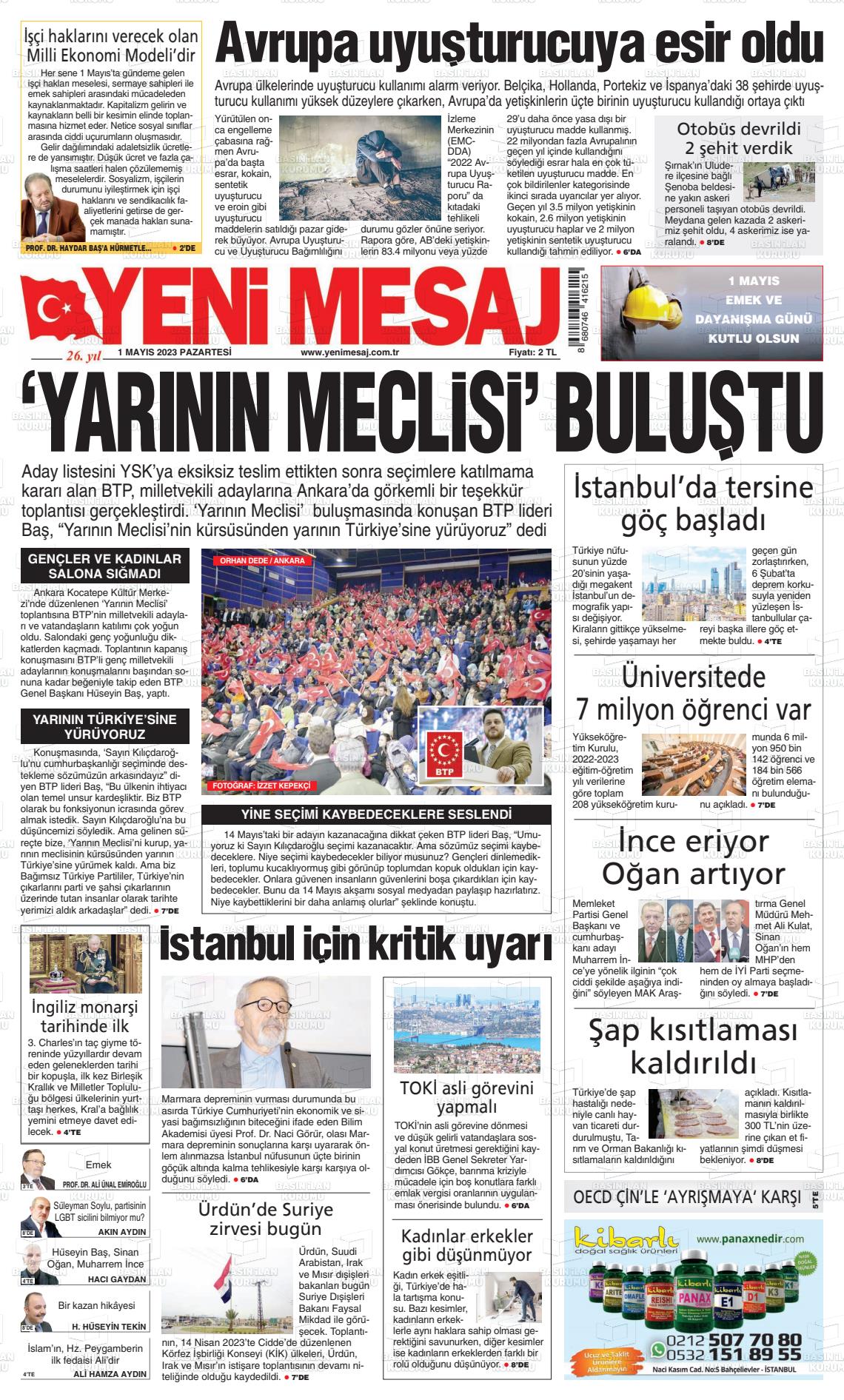 01 Mayıs 2023 Yeni Mesaj Gazete Manşeti