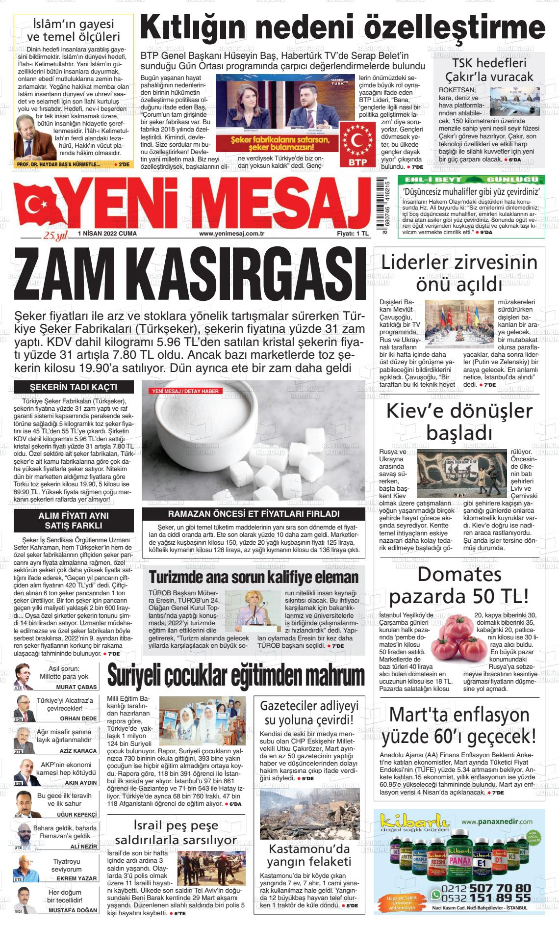 01 Nisan 2022 Yeni Mesaj Gazete Manşeti