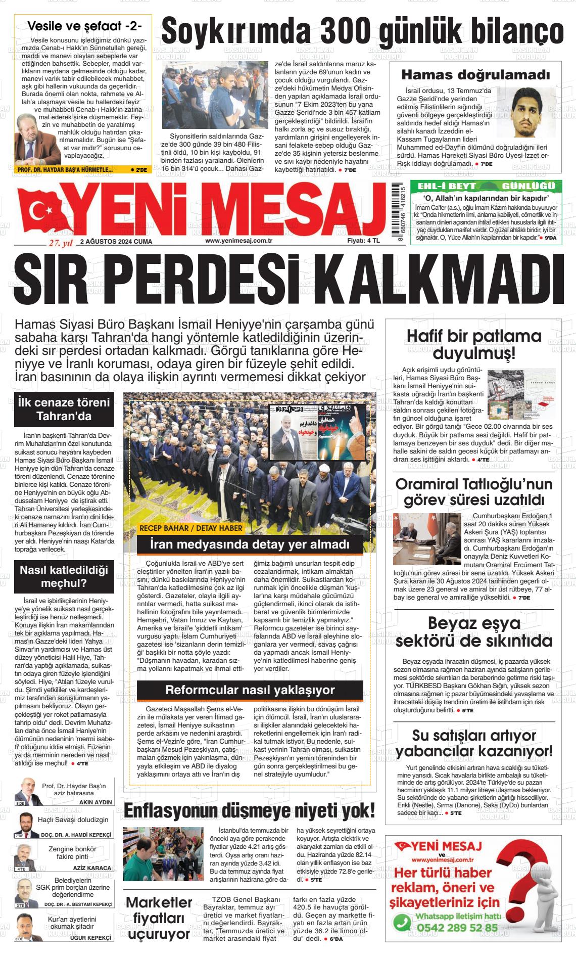 02 Ağustos 2024 Yeni Mesaj Gazete Manşeti