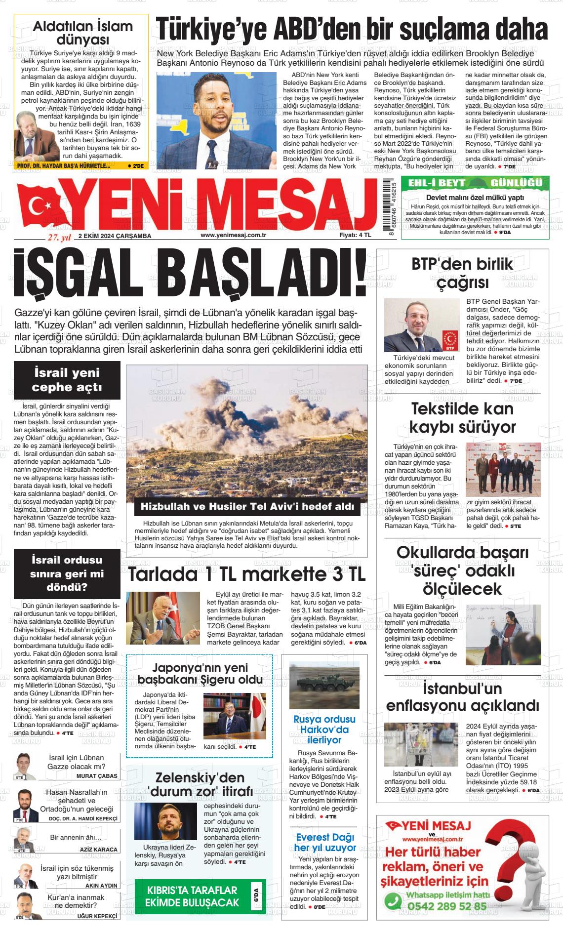 02 Ekim 2024 Yeni Mesaj Gazete Manşeti