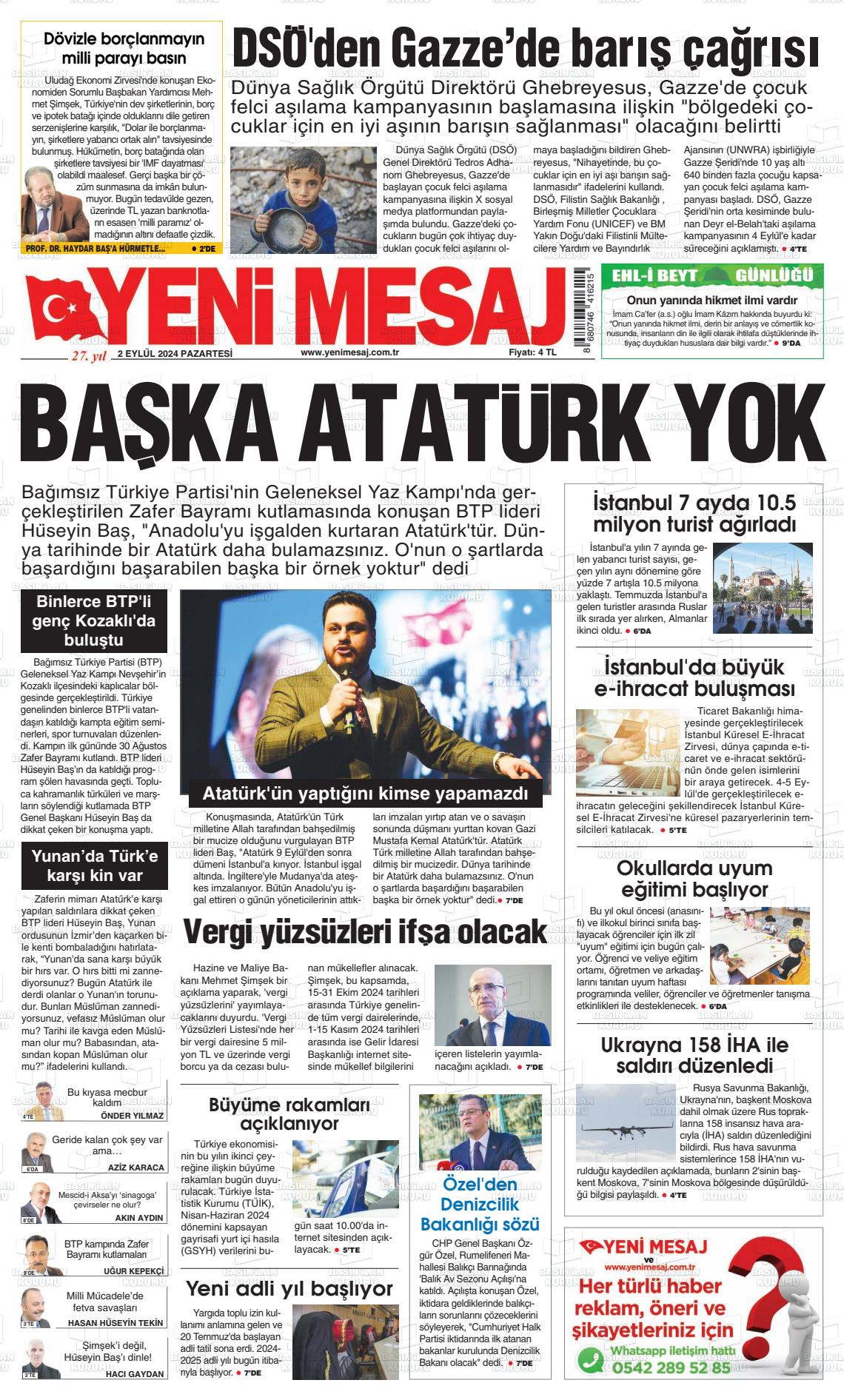 02 Eylül 2024 Yeni Mesaj Gazete Manşeti