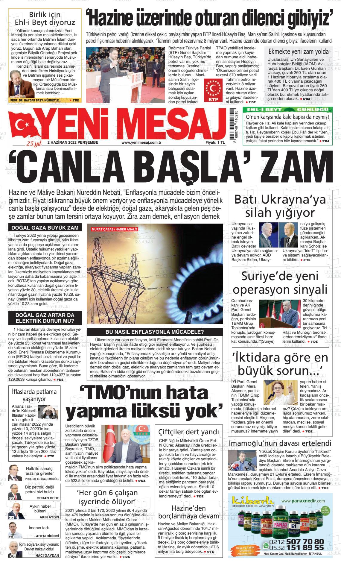 02 Haziran 2022 Yeni Mesaj Gazete Manşeti