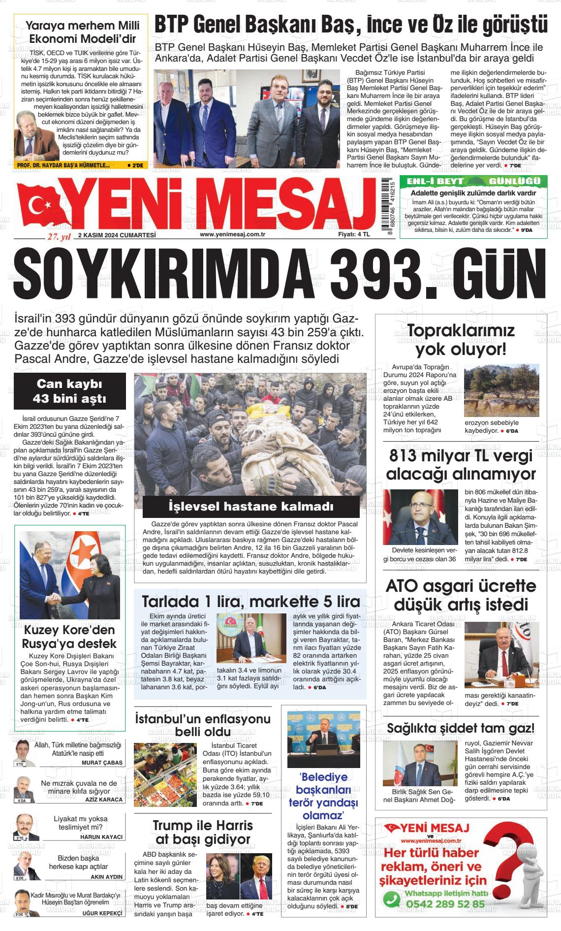 02 Kasım 2024 Yeni Mesaj Gazete Manşeti