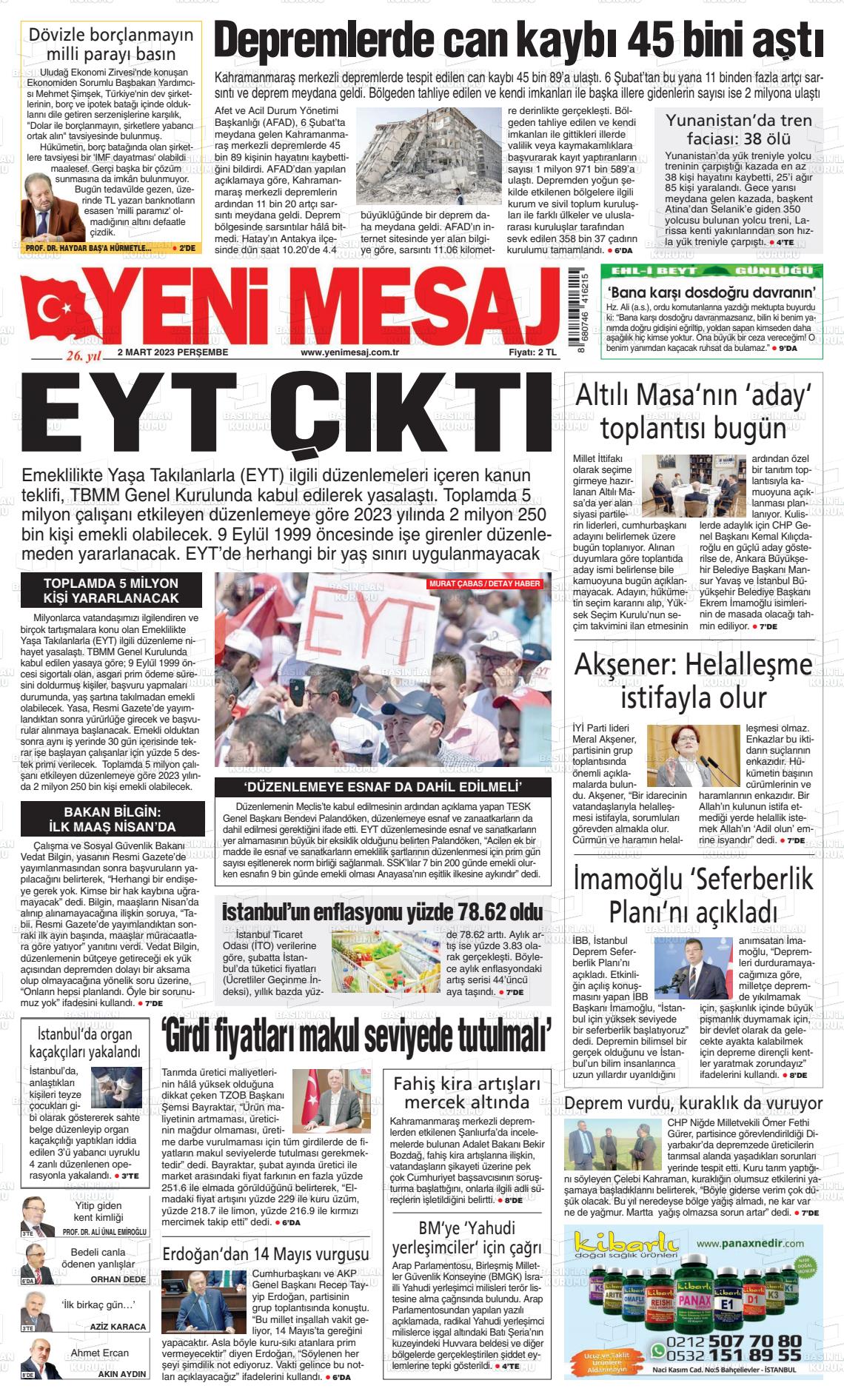 02 Mart 2023 Yeni Mesaj Gazete Manşeti