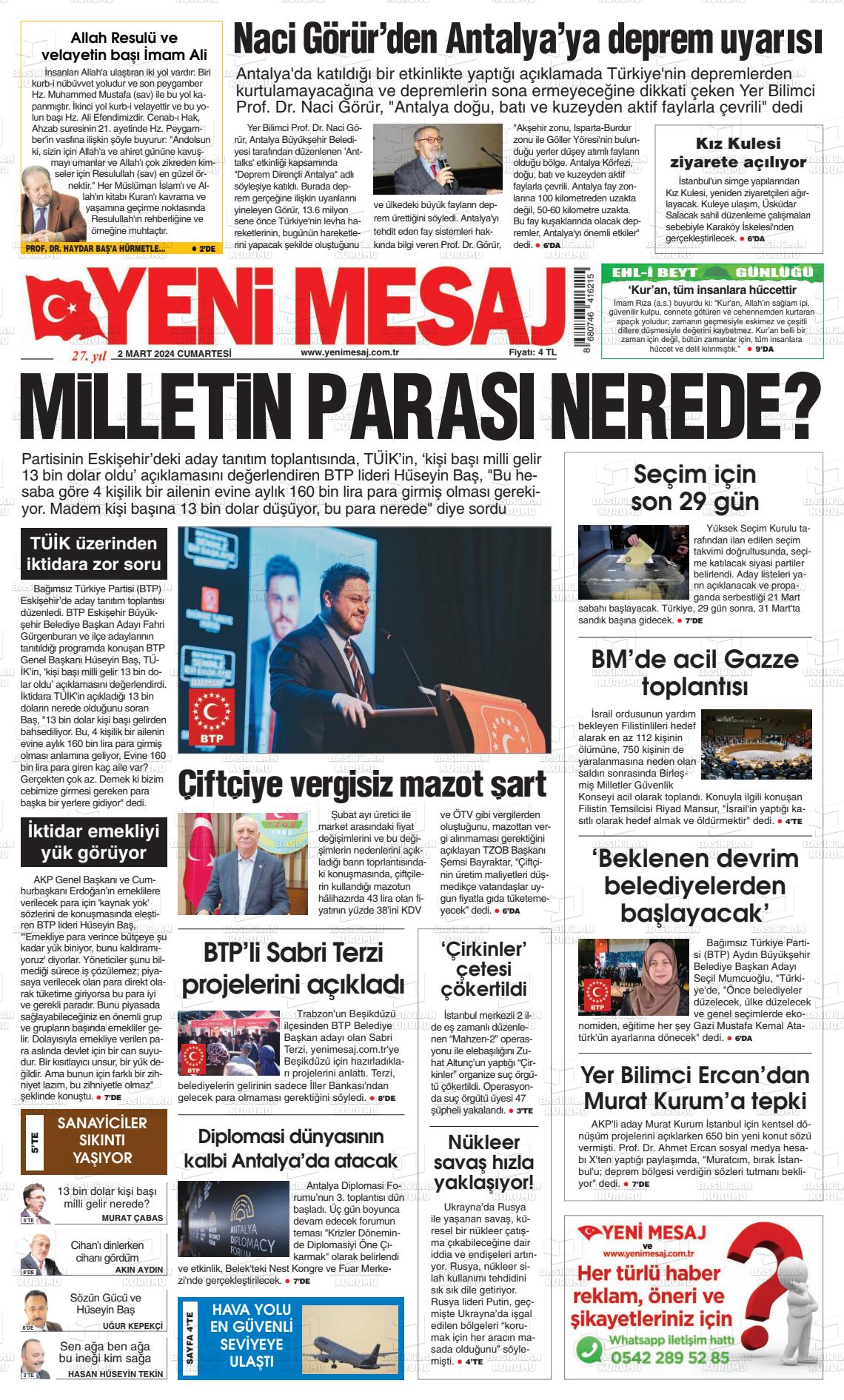 02 Mart 2024 Yeni Mesaj Gazete Manşeti