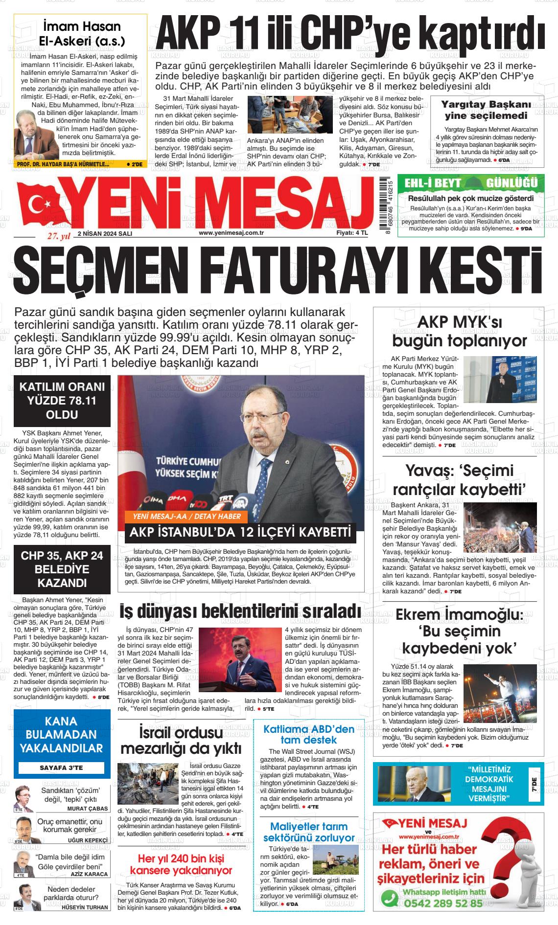 02 Nisan 2024 Yeni Mesaj Gazete Manşeti