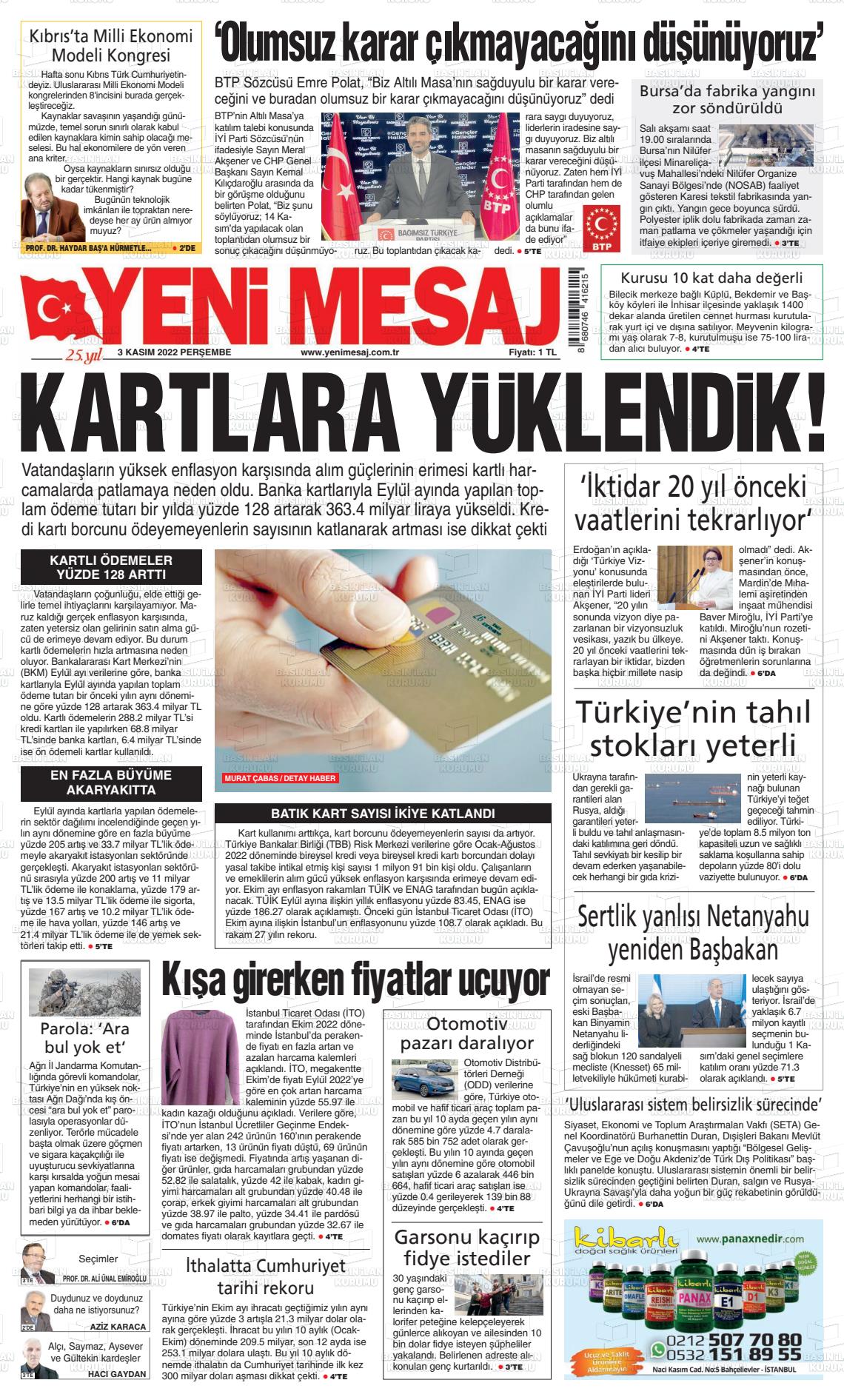 03 Kasım 2022 Yeni Mesaj Gazete Manşeti