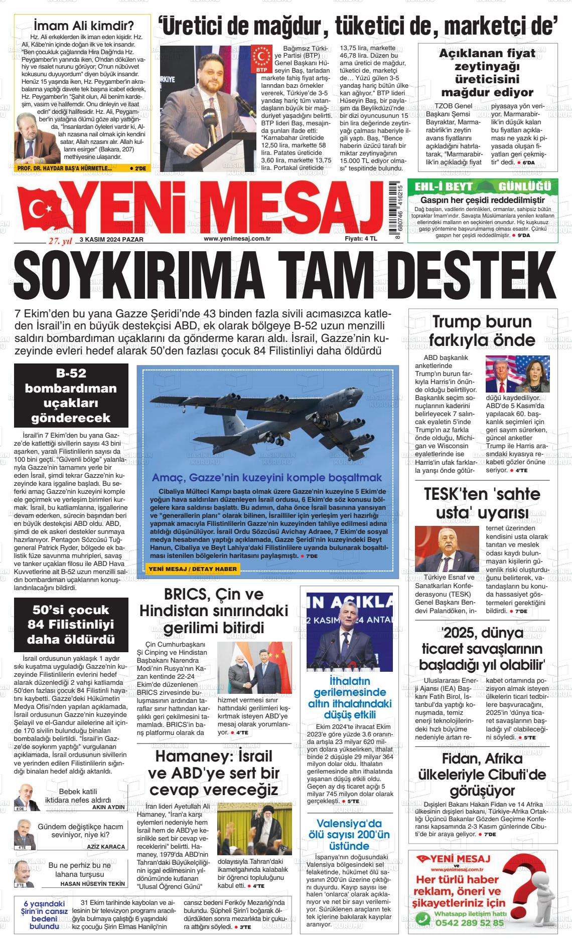 03 Kasım 2024 Yeni Mesaj Gazete Manşeti