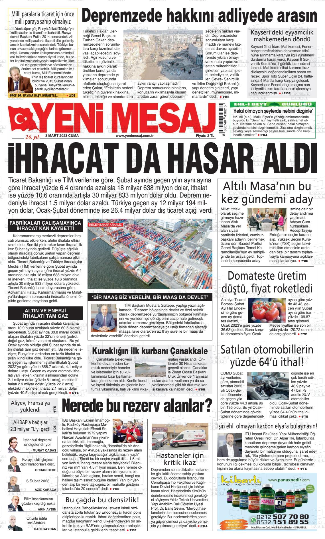 03 Mart 2023 Yeni Mesaj Gazete Manşeti