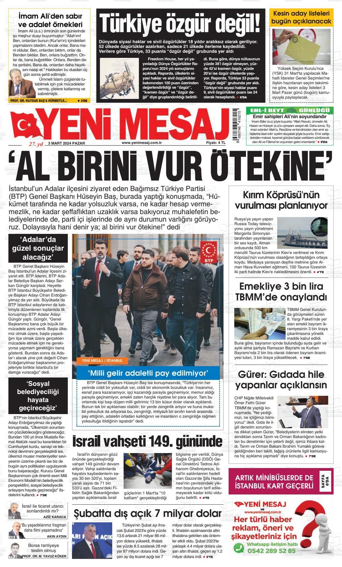 03 Mart 2024 Yeni Mesaj Gazete Manşeti